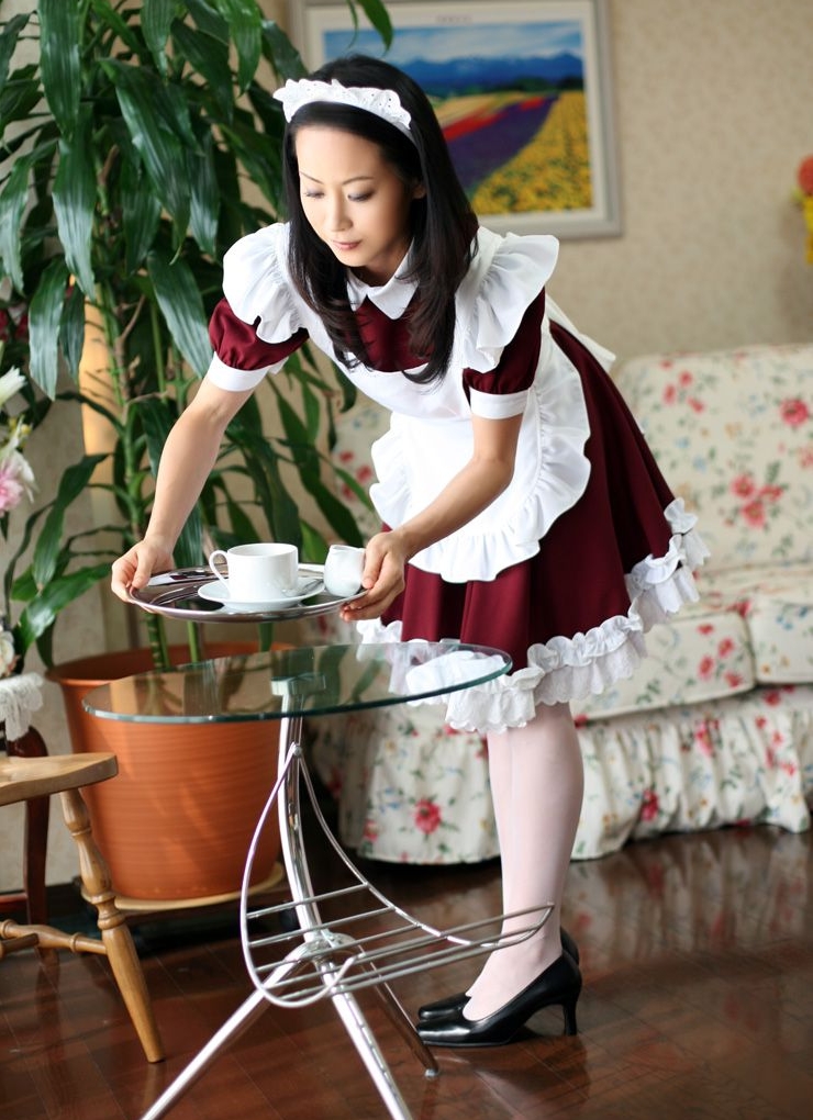 Brunette Asian French Maid wearing White Opaque Pantyhose and Black Shoes